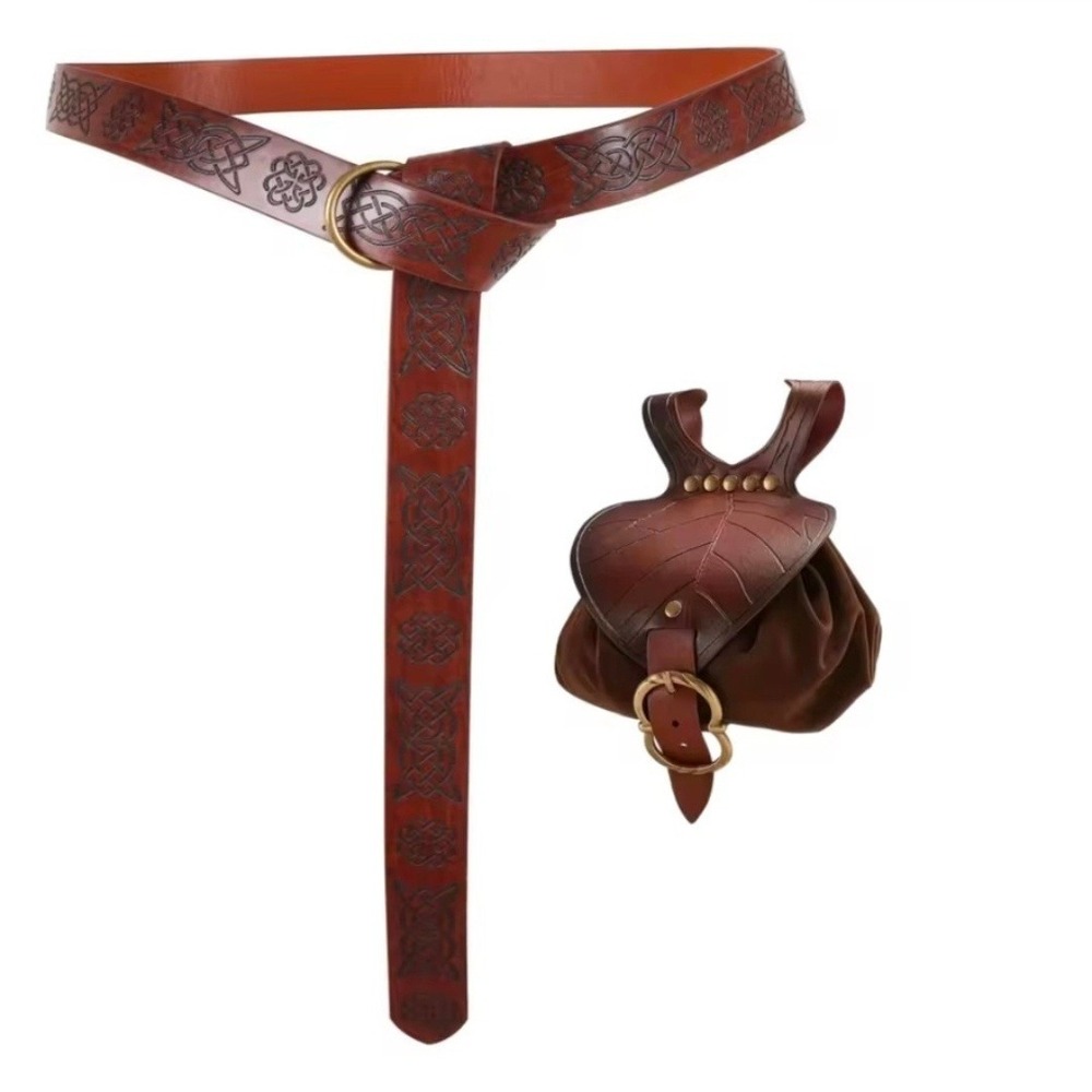 Medieval Celtic Knot Embossed Belt and Leaf Flap Pouch Set Brown LARP Cosplay
